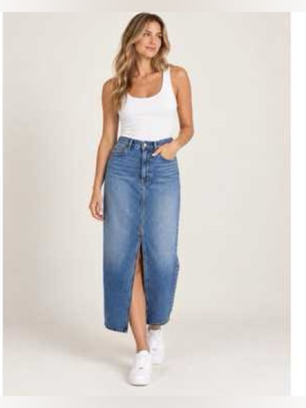 House of Harlow 1960 Mid Blue Denim Maxi Skirt with Front Slit